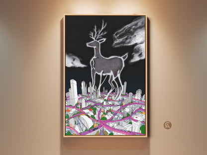 Surreal Deer Cityscape Art Print on display. This modern artwork features a deer over a detailed cityscape. The black and white with pink line art creates a contemporary style. It is a unique home decor piece that blends animal and urban themes.