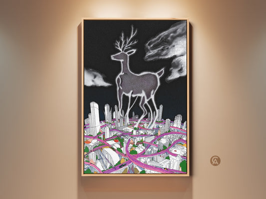 Surreal Deer Cityscape Art Print on display. This modern artwork features a deer over a detailed cityscape. The black and white with pink line art creates a contemporary style. It is a unique home decor piece that blends animal and urban themes.