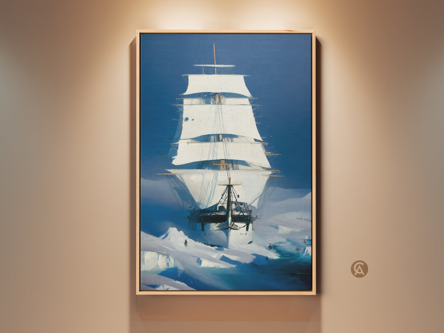 Explore maritime adventure with this tall ship canvas art. An Arctic Blue and White Sails painting captures a majestic sailing vessel amidst icebergs. Perfect nautical wall decor to infuse historical art into study or living spaces. A housewarming gift for adventuring souls seeking nautical themed decor