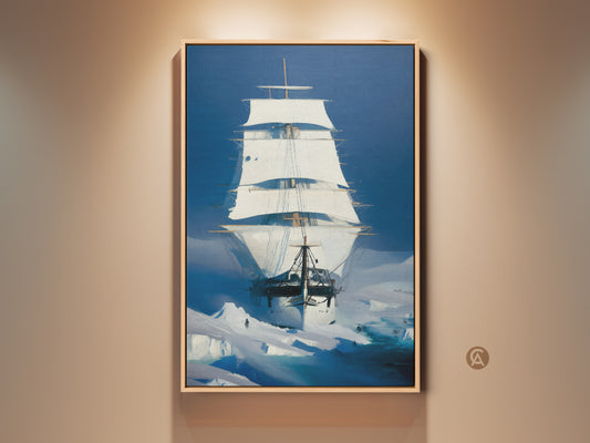 Explore maritime adventure with this tall ship canvas art. An Arctic Blue and White Sails painting captures a majestic sailing vessel amidst icebergs. Perfect nautical wall decor to infuse historical art into study or living spaces. A housewarming gift for adventuring souls seeking nautical themed decor
