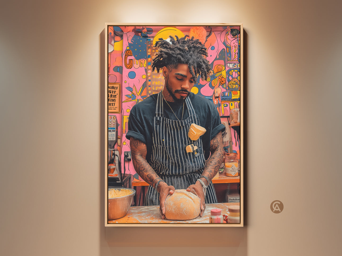 A contemporary pop art canvas print shows a baker kneading dough. The artwork features a vibrant orange yellow and pink color palette. This abstract food canvas adds a unique touch to any kitchen space. It's a perfect gift for food enthusiasts who appreciate modern art.