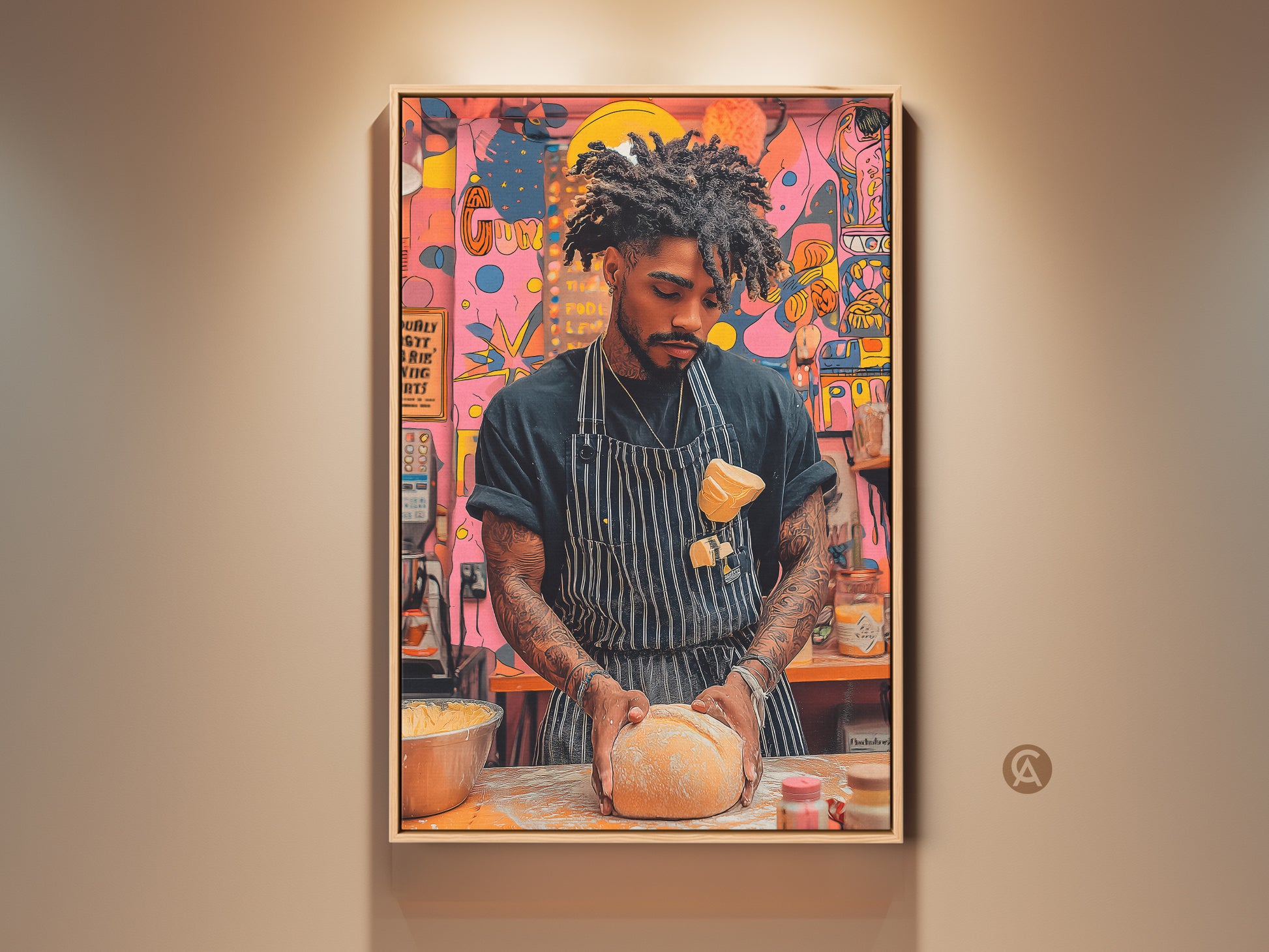 A contemporary pop art canvas print shows a baker kneading dough. The artwork features a vibrant orange yellow and pink color palette. This abstract food canvas adds a unique touch to any kitchen space. It's a perfect gift for food enthusiasts who appreciate modern art.