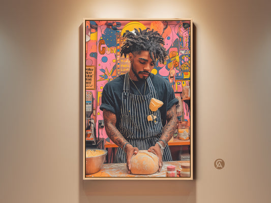 A contemporary pop art canvas print shows a baker kneading dough. The artwork features a vibrant orange yellow and pink color palette. This abstract food canvas adds a unique touch to any kitchen space. It's a perfect gift for food enthusiasts who appreciate modern art.