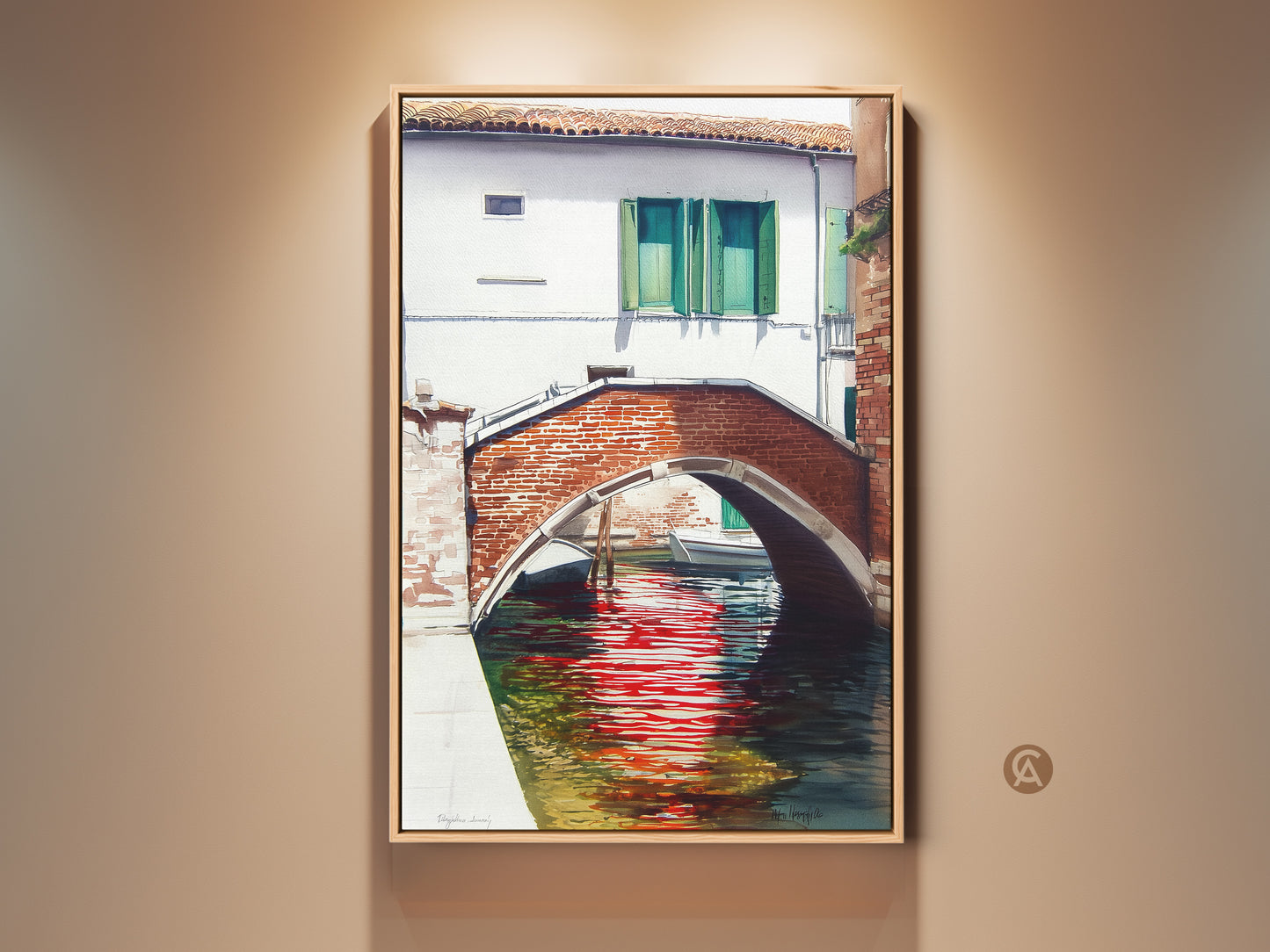 Watercolor Venice Canal artwork showcases a red brick bridge reflecting in the water. This traditional cityscape art print adds European charm to any room. A perfect housewarming gift for art lovers and travelers.