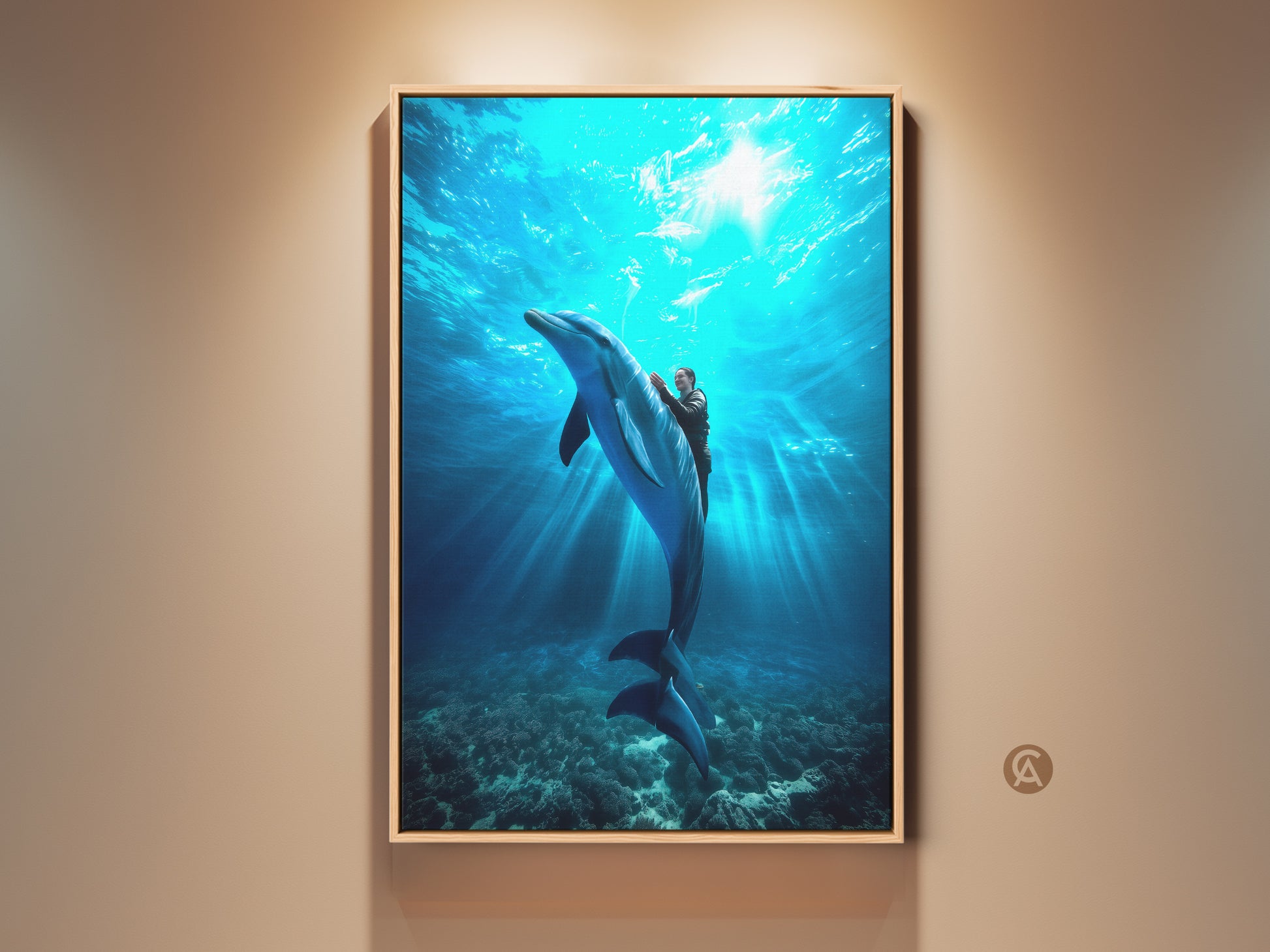 Stunning Dolphin Rider Canvas Art on display. This deep blue underwater scene is photorealistic. The ocean wall decor brings coastal charm. It is a unique gift and bedroom art print. The artwork captures an aquatic adventure.
