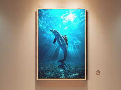 Stunning Dolphin Rider Canvas Art on display. This deep blue underwater scene is photorealistic. The ocean wall decor brings coastal charm. It is a unique gift and bedroom art print. The artwork captures an aquatic adventure.