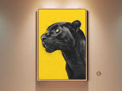 Framed black panther artwork showcases a detailed animal portrait against a vibrant yellow backdrop. The wall art is displayed under warm lighting. The frame is a simple light wood enhancing the vivid colors of the wildlife art. This framed panther art adds a touch of wild sophistication to any room.