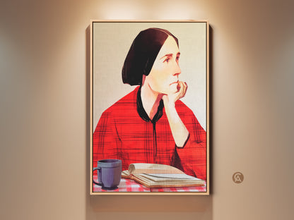 Modern folk artwork featuring a woman reading. This expressive portrait displays a coffee cup and book. It's styled with a red plaid shirt for eclectic home decor. A unique piece for a reading nook or study room. This print adds an artistic touch with black and red tones.