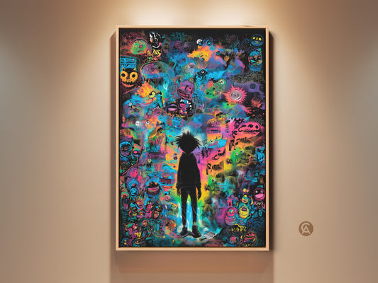 Eye-catching framed wall art print featuring a vibrant and colorful graffiti-style artwork. It showcases a black silhouette figure standing amidst a chaotic mix of cartoonish monsters and symbols. This modern art piece adds a unique touch to any room. Shop now for captivating wall decor.