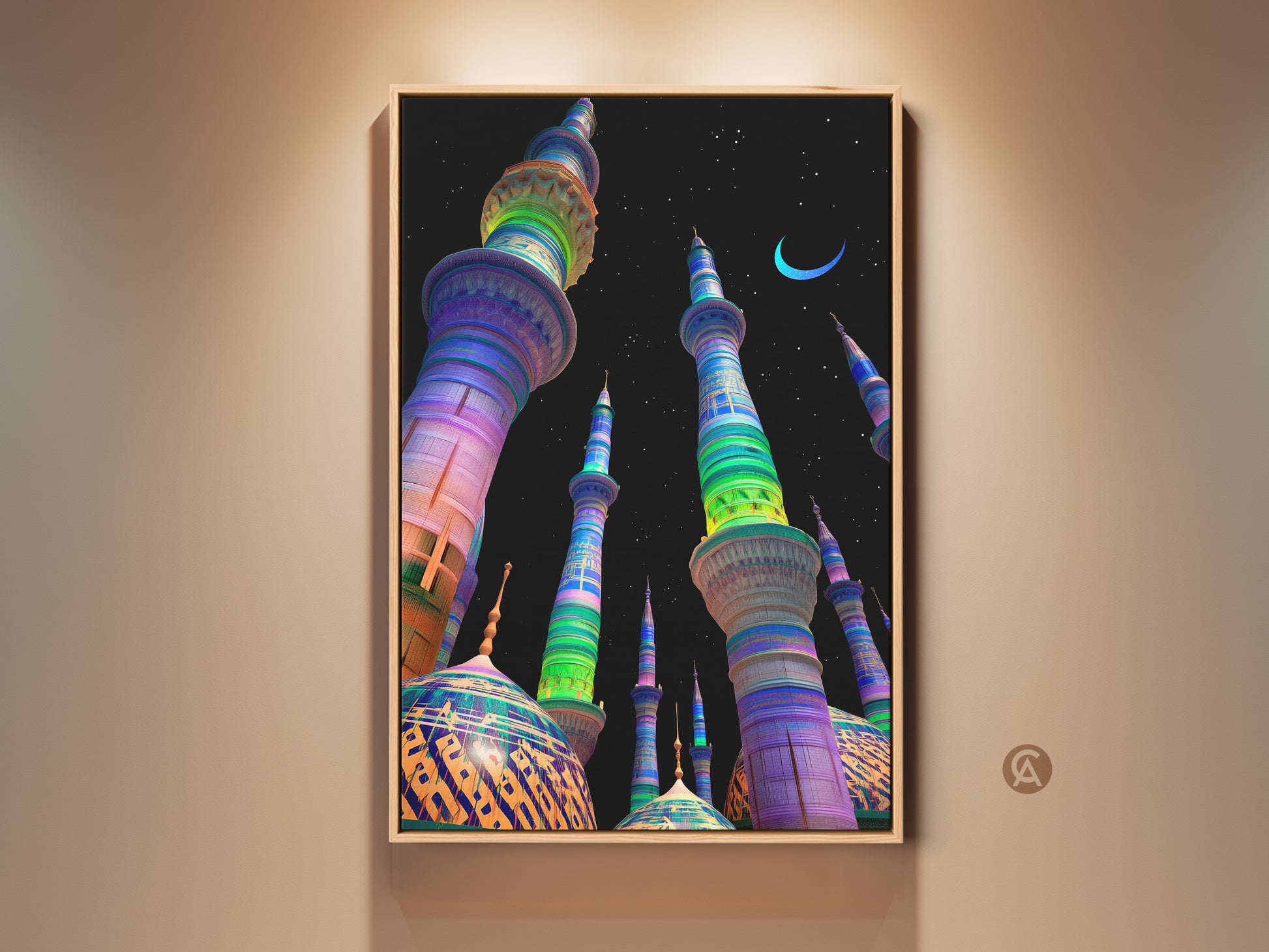 A vibrant mosque digital art print adorns a neutral wall. It features blue green and purple hues. This Islamic architecture canvas art captures a night sky fantasy. It is perfect for Ramadan decor a spiritual wall hanging and eclectic home decor.