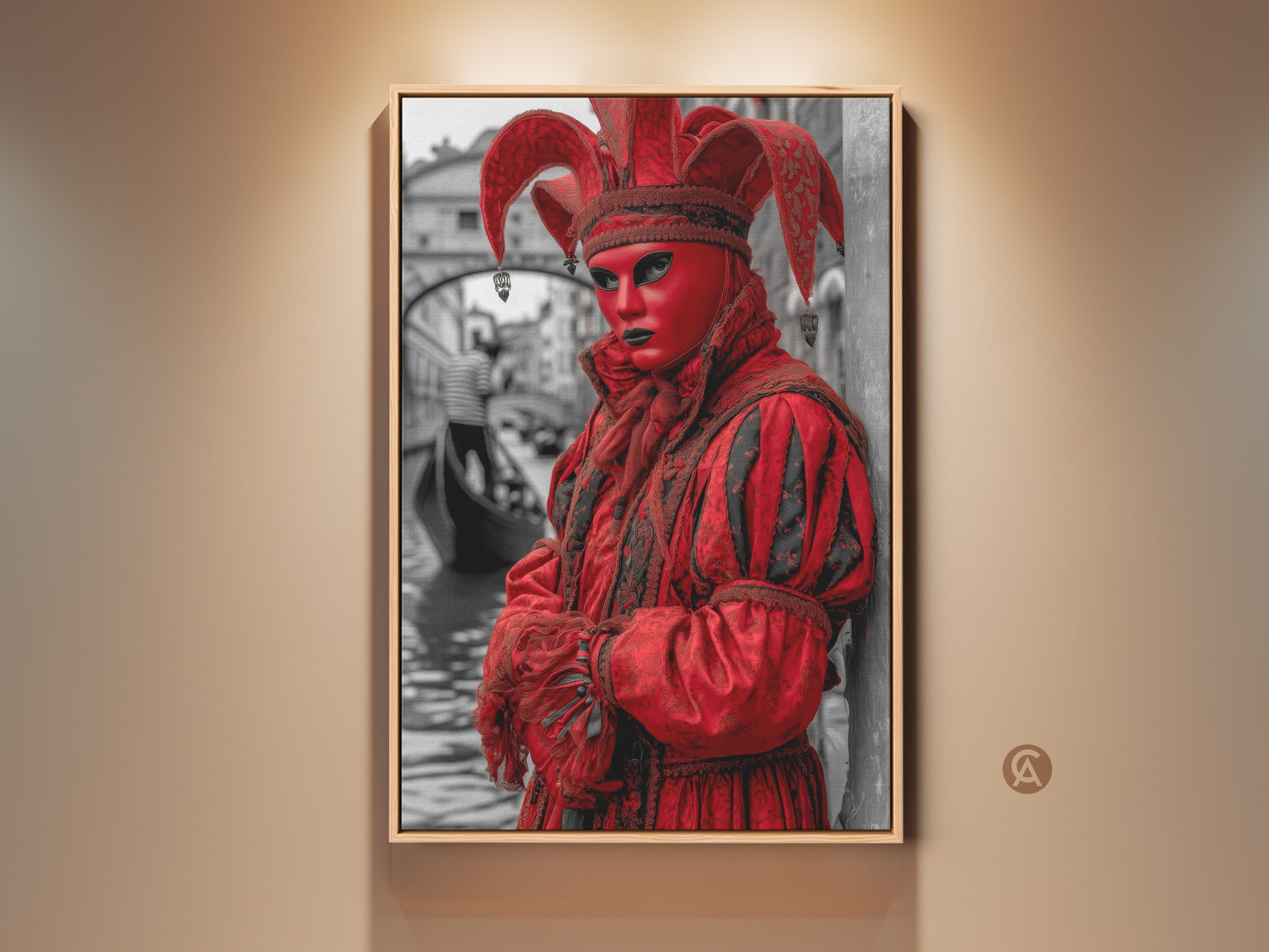 Venetian Jester in Crimson Costume canvas art. This theatrical wall print features a vibrant red masquerade mask. The background shows a grayscale of Venice canals. Perfect for eclectic home decor and travel-inspired gifts.