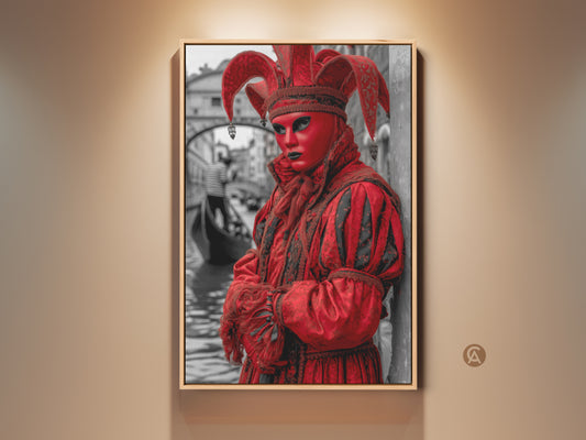 Venetian Jester in Crimson Costume canvas art. This theatrical wall print features a vibrant red masquerade mask. The background shows a grayscale of Venice canals. Perfect for eclectic home decor and travel-inspired gifts.