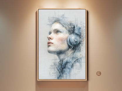 Framed canvas print of a woman wearing headphones. The artwork is displayed on a wall with warm lighting. The woman is looking up in contemplation. Find framed music art for your home decor today.