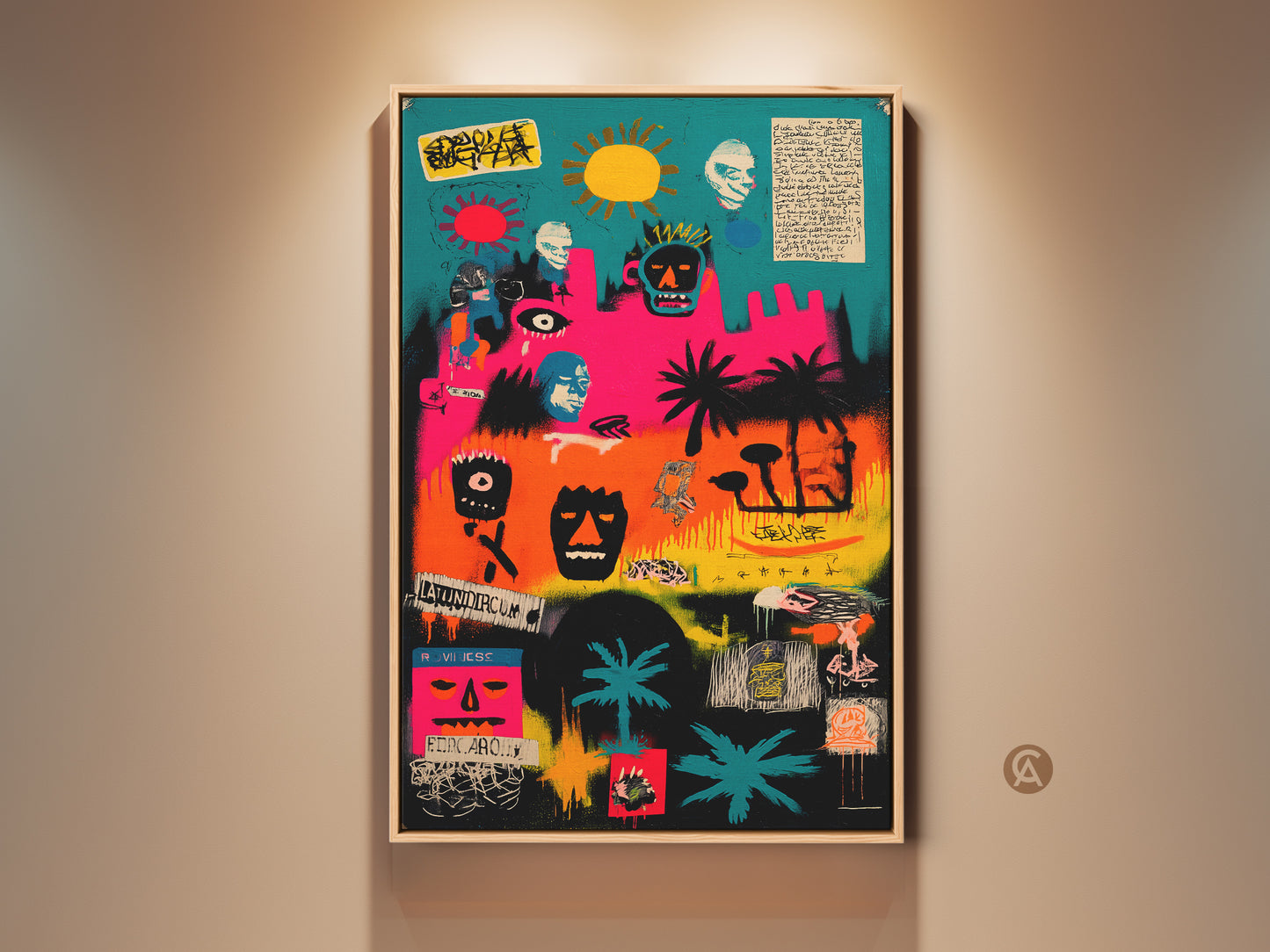This colorful artwork features a vibrant mix of abstract imagery. The artwork includes faces masks and palm trees. It's a striking piece suitable for modern art enthusiasts seeking unique wall art.