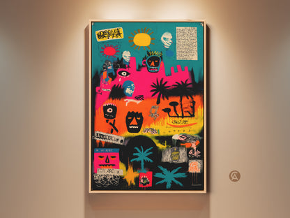 This colorful artwork features a vibrant mix of abstract imagery. The artwork includes faces masks and palm trees. It's a striking piece suitable for modern art enthusiasts seeking unique wall art.