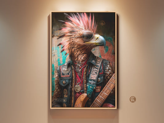 Eagle Rocker Canvas Art displays a punk biker animal wall decor. An eagle guitarist print is ideal as a music room gift. This alternative artwork has an eclectic style with sunglasses and a guitar. The wall art is a modern biker decor and embodies the spirit of rock and roll.