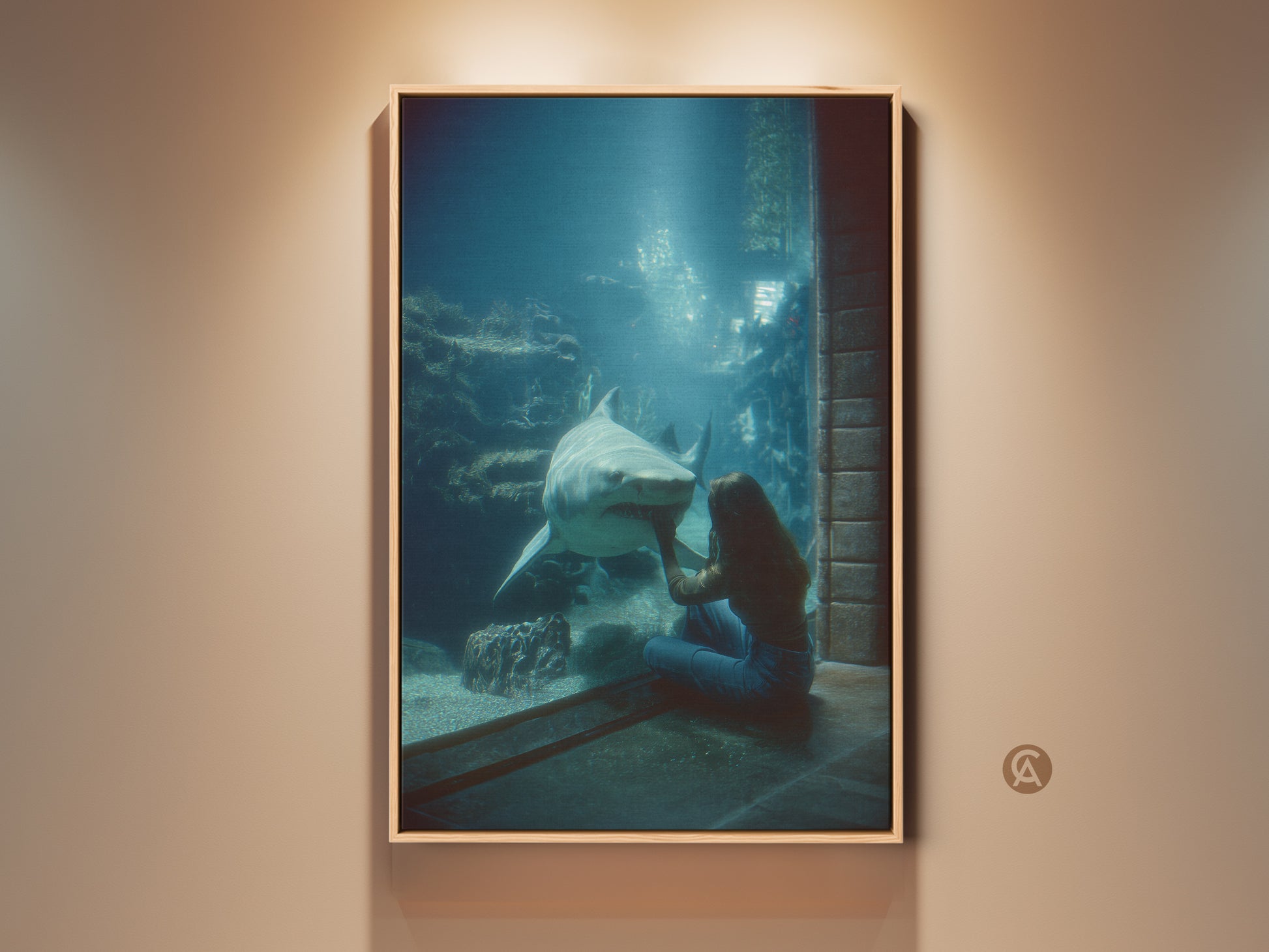 Oceanic Encounter canvas art. A woman gently touches a shark in blue green underwater scene. This cinematic print brings marine life decor to your home. Perfect housewarming gift for animal lovers. A contemporary piece that captures a unique bond with deep sea creatures. It's aquarium-inspired art for modern spaces.