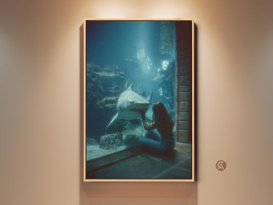 Oceanic Encounter canvas art. A woman gently touches a shark in blue green underwater scene. This cinematic print brings marine life decor to your home. Perfect housewarming gift for animal lovers. A contemporary piece that captures a unique bond with deep sea creatures. It's aquarium-inspired art for modern spaces.