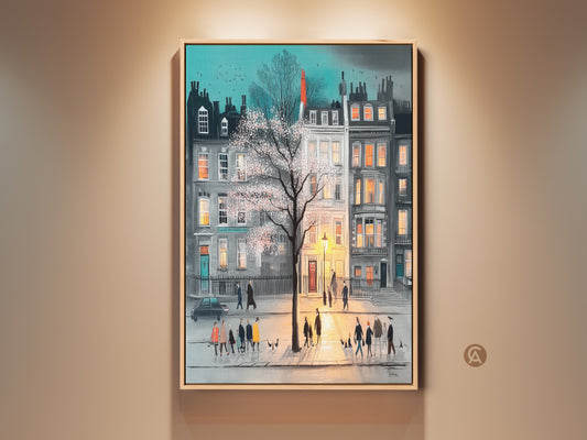 Charming vintage townhouse scene featuring a European street with people and a blooming tree. The eclectic home decor style blends gray orange and teal color palettes. A unique wall art piece. Perfect as a housewarming gift or for new homeowners. This cityscape art adds character to any entryway or living space.
