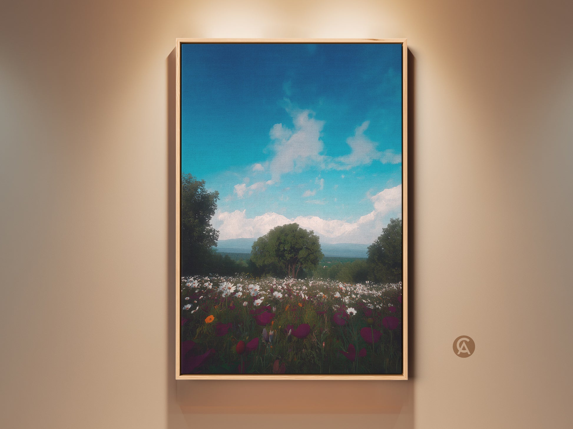 Framed scenic wildflower canvas print displayed in a home setting. Impressionistic mountain landscape art with a vibrant blue sky. The boho nature wall decor makes a perfect housewarming gift. The deep blue hues bring nature indoors.