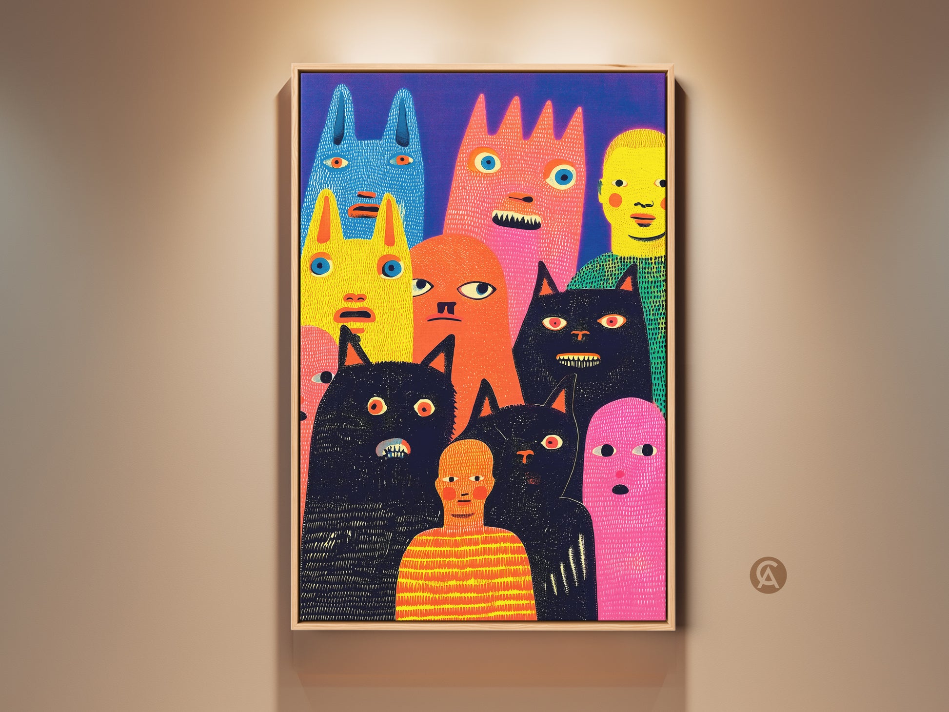 Framed artwork featuring whimsical characters. This art is in a modern style. It features a collection of colorful figures and cats. The artwork adds a playful touch to any room. Enhance your home decor with this framed art. Buy it now!