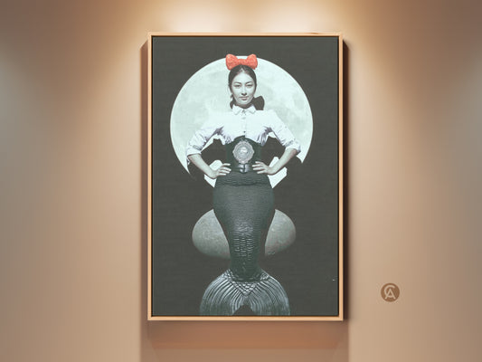 Surreal moon goddess mermaid art print. This vintage mythology canvas features a woman with a fishtail. The artwork is eclectic bedroom decor with a red bow accent. An ocean fantasy art piece.