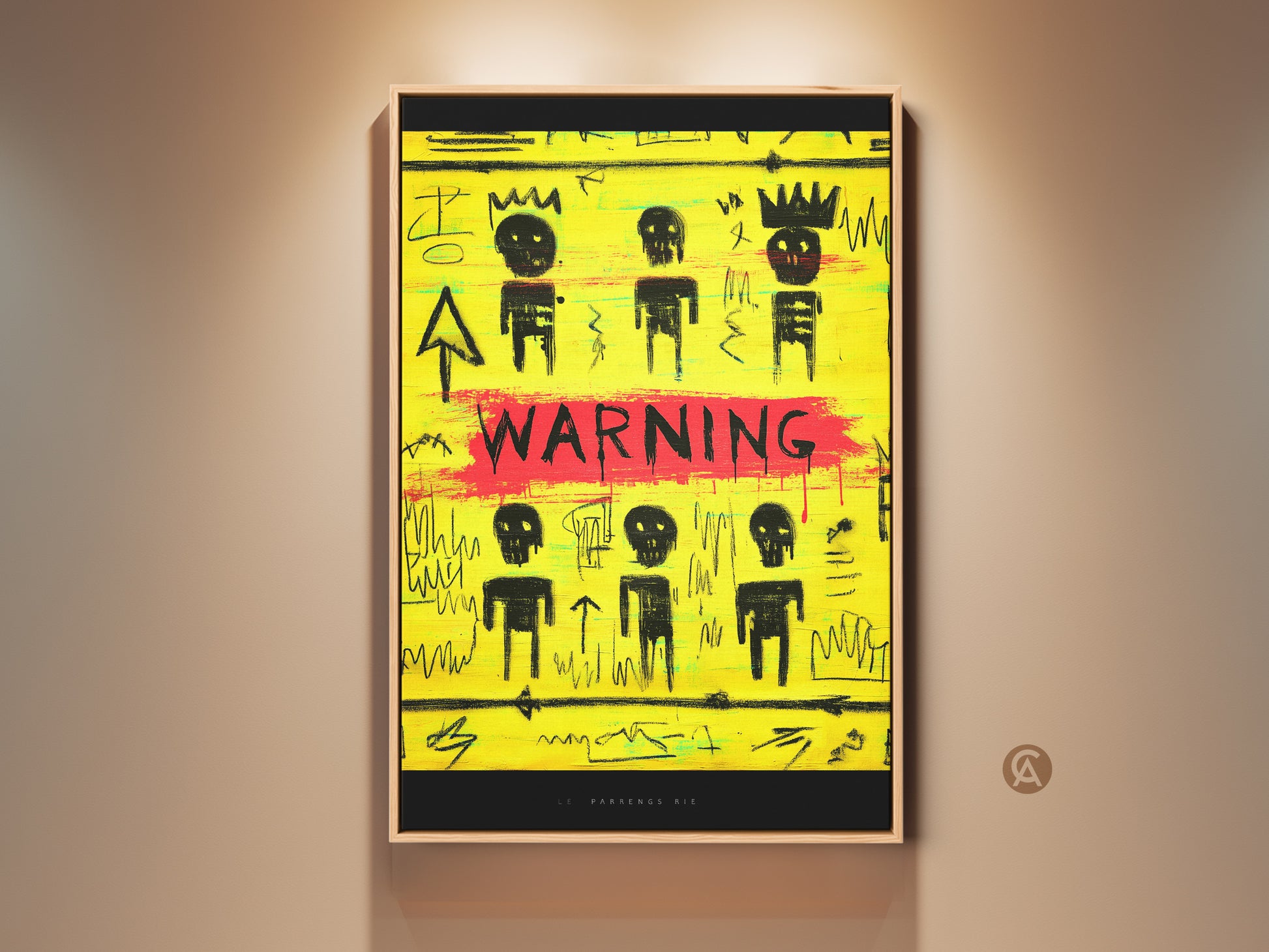 Framed neo-expressionism wall art. The yellow and black abstract graffiti canvas features skull motifs. This modern artwork makes a bold statement. Ideal office decor or a unique gift for art lovers. The raw aesthetic adds an edgy touch to any space.