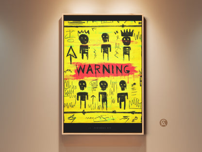 Framed neo-expressionism wall art. The yellow and black abstract graffiti canvas features skull motifs. This modern artwork makes a bold statement. Ideal office decor or a unique gift for art lovers. The raw aesthetic adds an edgy touch to any space.