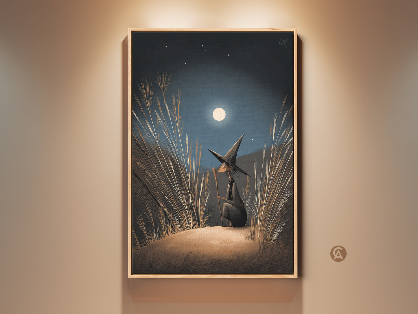 Boho Witch Art Print on wall. The fantasy wall art features a witch gazing at the moonlight. Navy Blue Gold Moonlight Canvas art. Perfect Halloween Occasion Gift. Find art for witch lovers here. Celestial Wall hanging for a witchy home.