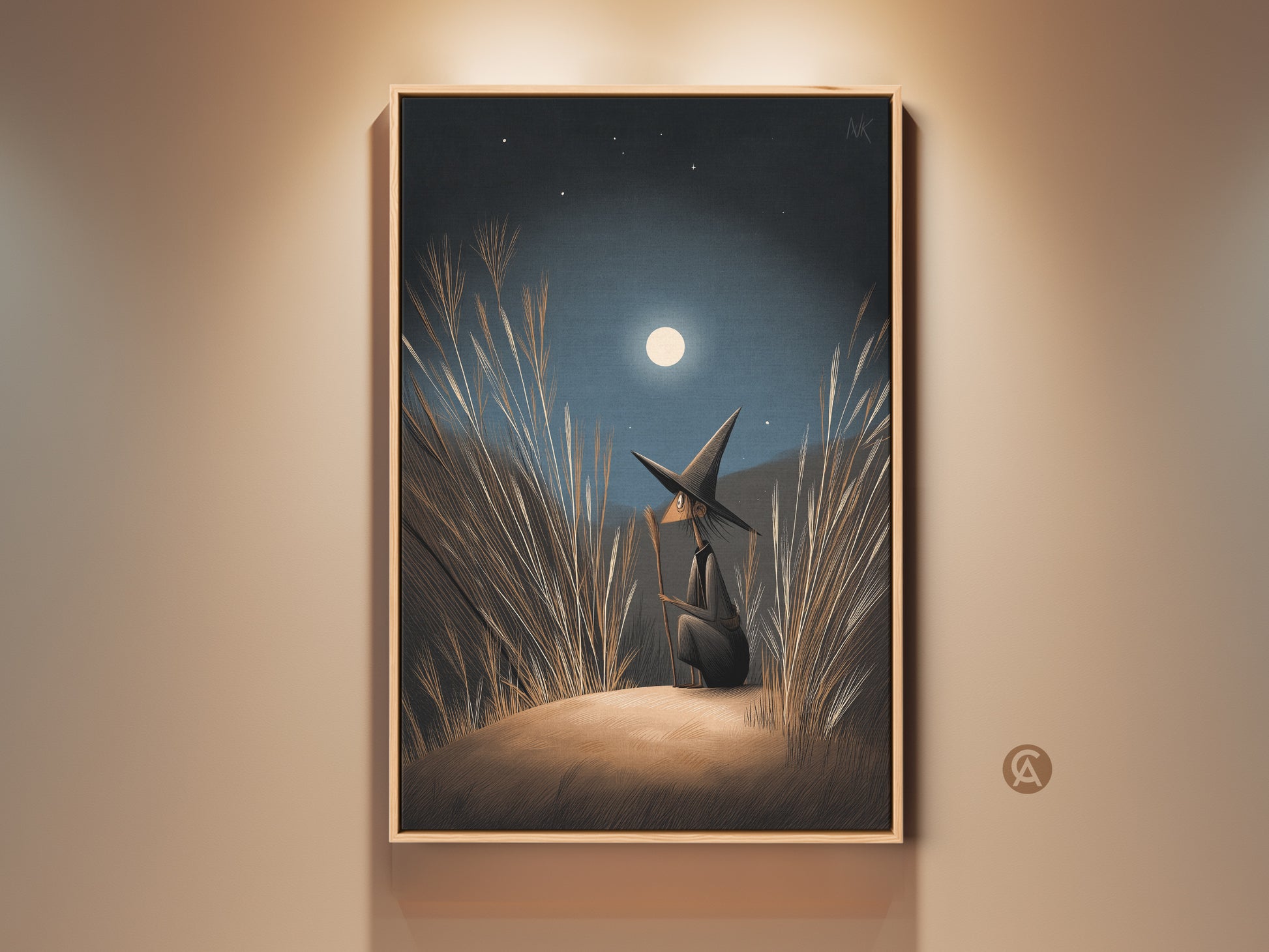 Boho Witch Art Print on wall. The fantasy wall art features a witch gazing at the moonlight. Navy Blue Gold Moonlight Canvas art. Perfect Halloween Occasion Gift. Find art for witch lovers here. Celestial Wall hanging for a witchy home.