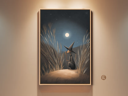 Boho Witch Art Print on wall. The fantasy wall art features a witch gazing at the moonlight. Navy Blue Gold Moonlight Canvas art. Perfect Halloween Occasion Gift. Find art for witch lovers here. Celestial Wall hanging for a witchy home.