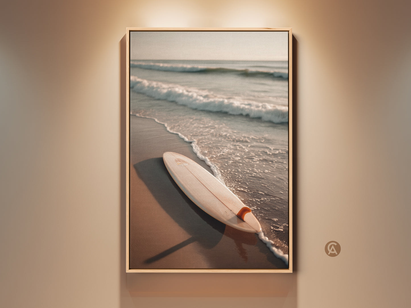 Framed beach artwork featuring a surfboard on the sand. This stunning art piece captures the essence of coastal living. The framed canvas adds a touch of elegance. Perfect for beach lovers and surf enthusiasts. Enhance your home decor with this captivating ocean artwork.