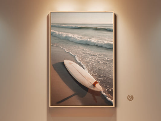 Framed beach artwork featuring a surfboard on the sand. This stunning art piece captures the essence of coastal living. The framed canvas adds a touch of elegance. Perfect for beach lovers and surf enthusiasts. Enhance your home decor with this captivating ocean artwork.