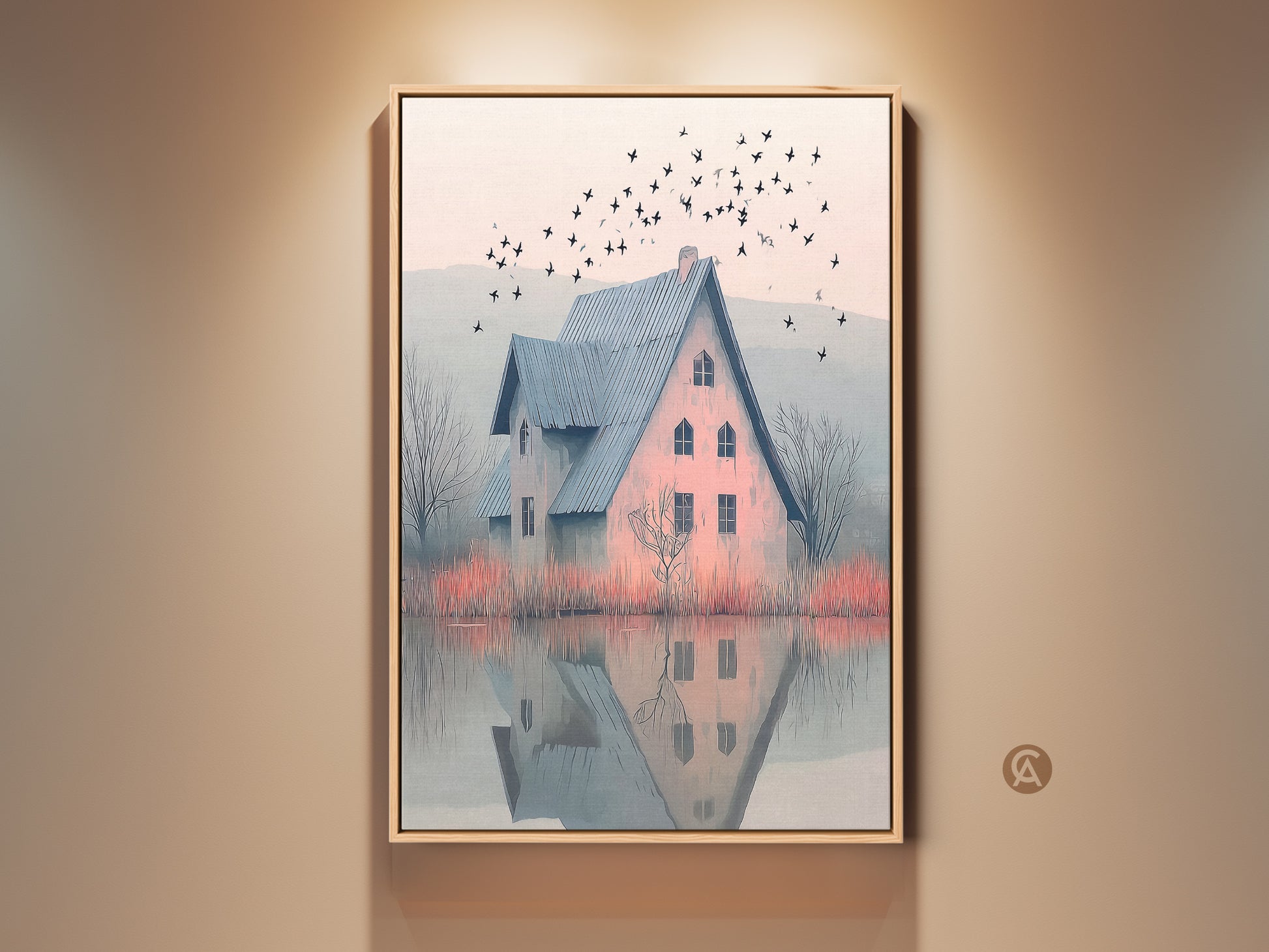 Framed farmhouse artwork. It shows a blue roof house near a misty lake. Birds fly above this serene scene. The art style is impressionist and painterly. This makes a cozy bedroom decor or a housewarming gift.