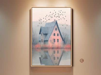 Framed farmhouse artwork. It shows a blue roof house near a misty lake. Birds fly above this serene scene. The art style is impressionist and painterly. This makes a cozy bedroom decor or a housewarming gift.