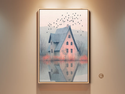 Framed farmhouse artwork. It shows a blue roof house near a misty lake. Birds fly above this serene scene. The art style is impressionist and painterly. This makes a cozy bedroom decor or a housewarming gift.
