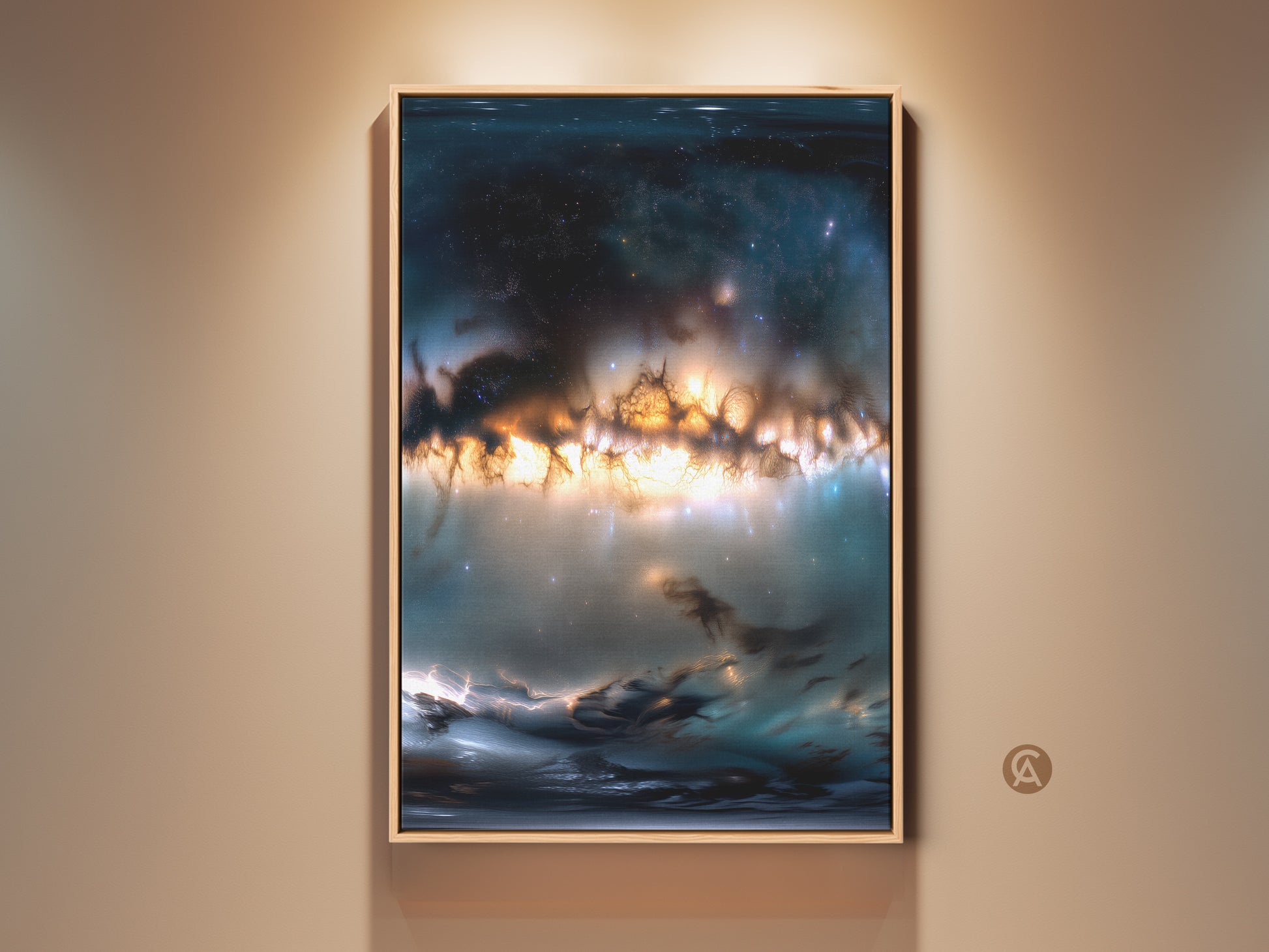 Framed space artwork on a beige wall. The canvas art depicts a nebula landscape with bright orange and blue hues. The frame is a natural wood tone. Enhance your home decor with this celestial art piece. Perfect for living rooms or offices.