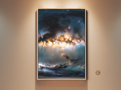 Framed space artwork on a beige wall. The canvas art depicts a nebula landscape with bright orange and blue hues. The frame is a natural wood tone. Enhance your home decor with this celestial art piece. Perfect for living rooms or offices.