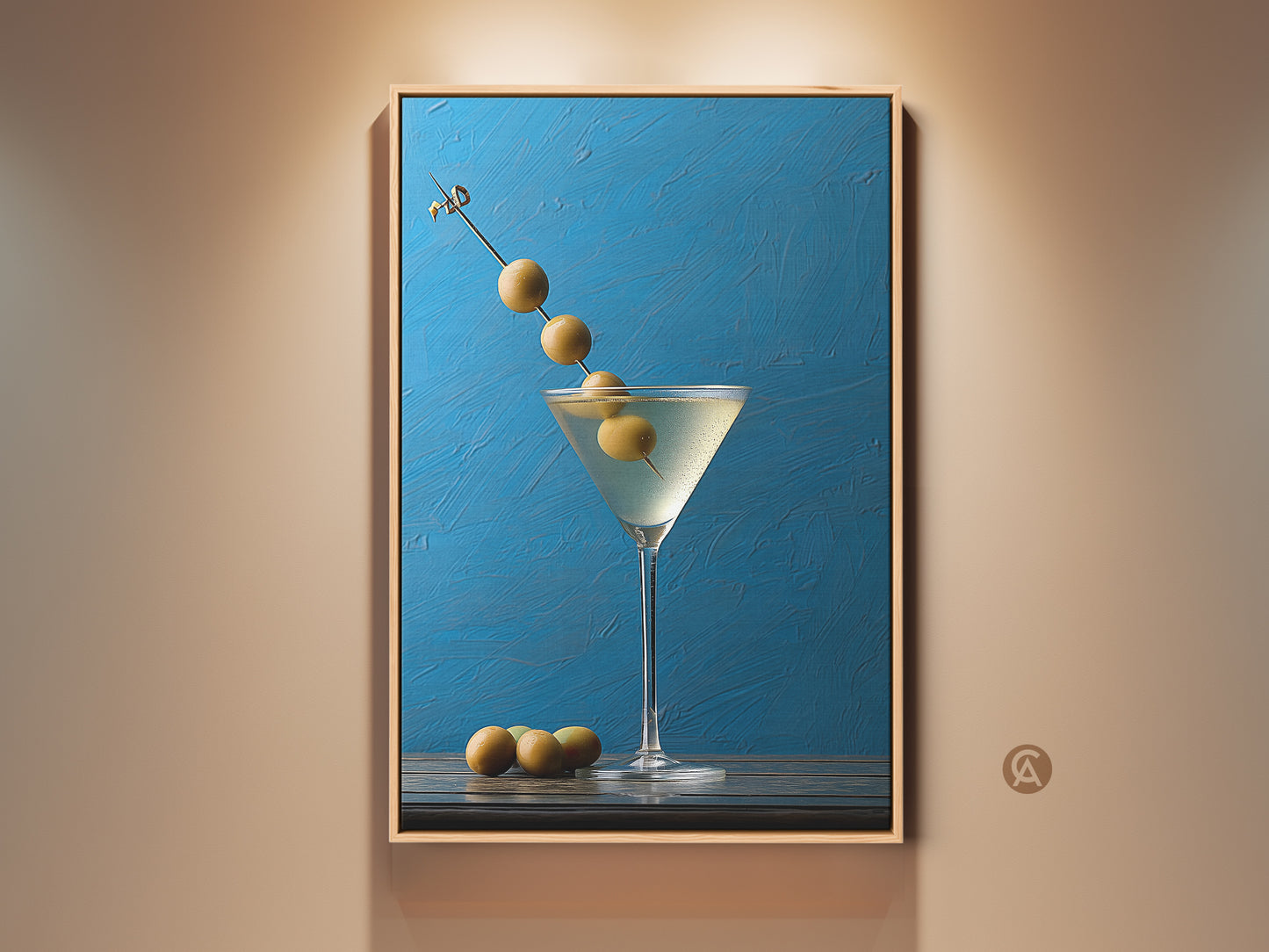 Framed martini glass art print against an azure blue background. This still life artwork features olives. It is a modern bar artwork ideal for blue kitchen decor. A contemporary gift for cocktail enthusiasts. This fine art bar decor adds a sophisticated touch to any home bar decoration.