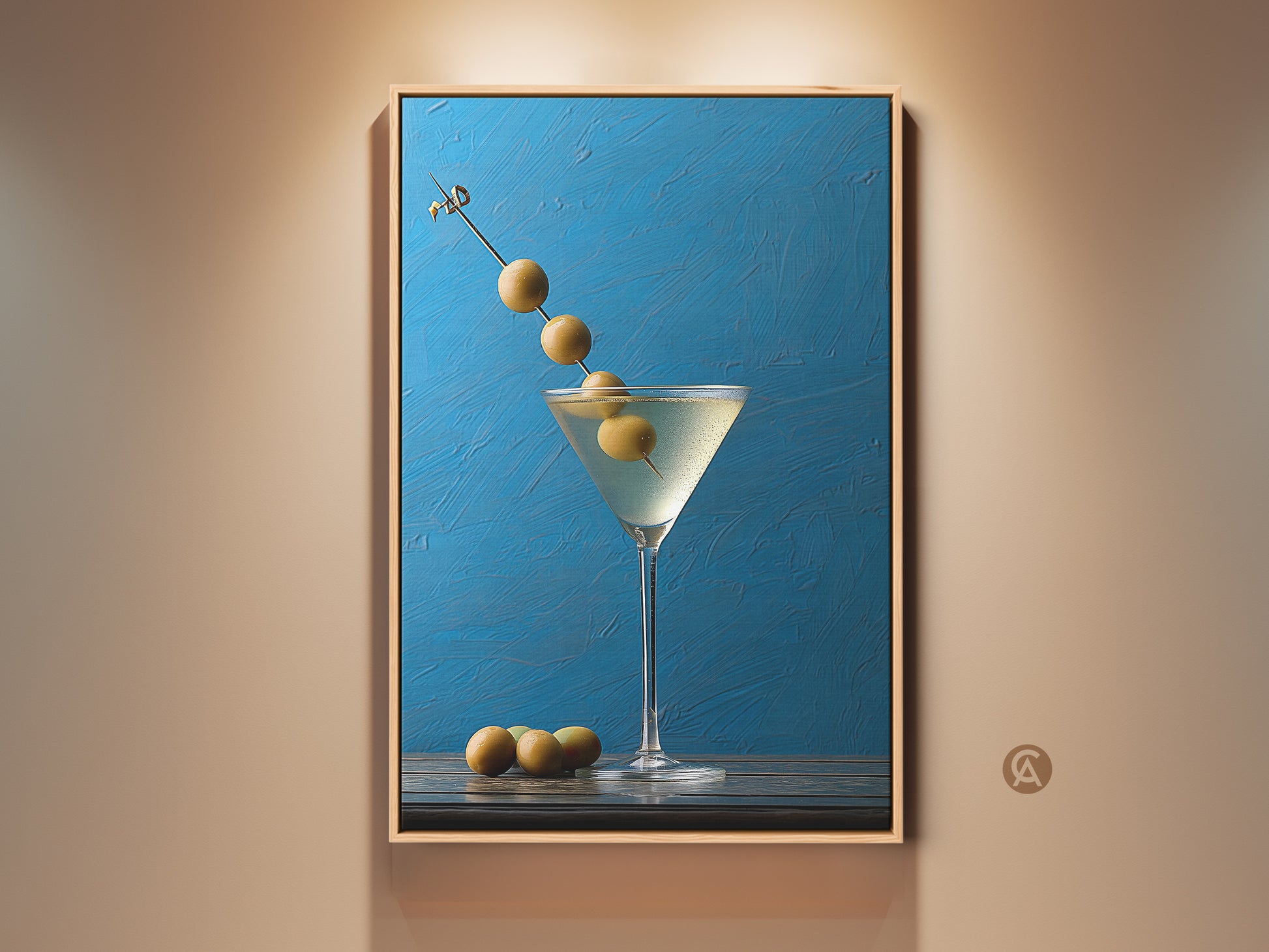 Framed martini glass art print against an azure blue background. This still life artwork features olives. It is a modern bar artwork ideal for blue kitchen decor. A contemporary gift for cocktail enthusiasts. This fine art bar decor adds a sophisticated touch to any home bar decoration.