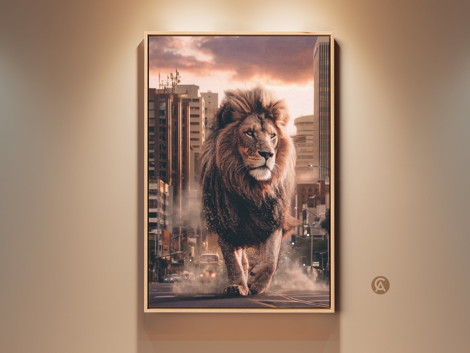 This is a lion in city canvas print. The wildlife animal wall art is urban contemporary art. It's great office decor. Buy this unique gift for him or add it to your home decor.