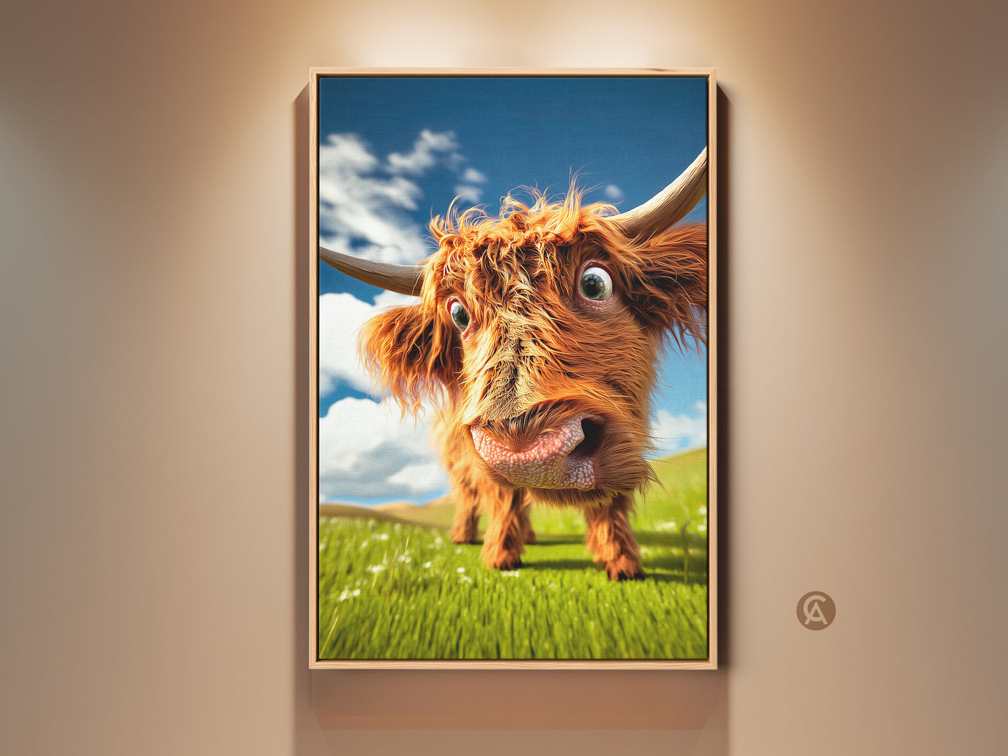 Charming orange Highland cow canvas print. This farmhouse animal art features a humorous cow against a blue sky. The rolling hills add to the whimsy. It's a unique home decor piece ideal as a gift for cow enthusiasts.