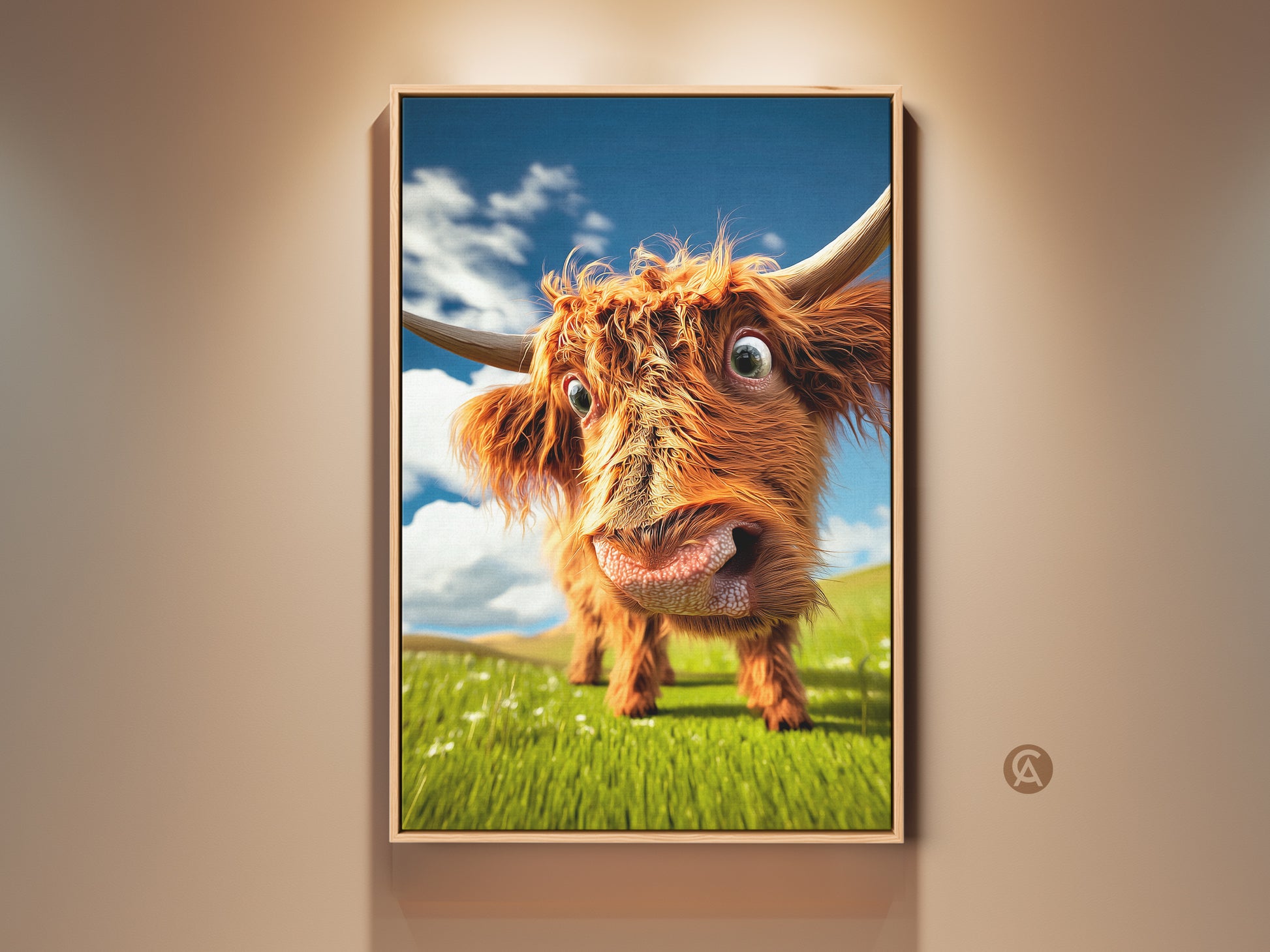 Charming orange Highland cow canvas print. This farmhouse animal art features a humorous cow against a blue sky. The rolling hills add to the whimsy. It's a unique home decor piece ideal as a gift for cow enthusiasts.