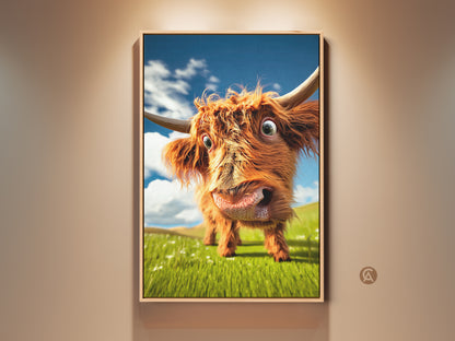 Charming orange Highland cow canvas print. This farmhouse animal art features a humorous cow against a blue sky. The rolling hills add to the whimsy. It's a unique home decor piece ideal as a gift for cow enthusiasts.