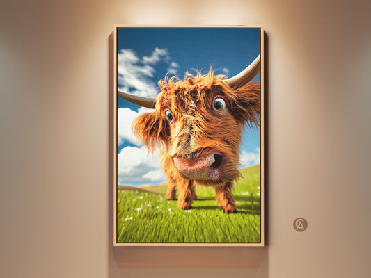 Charming orange Highland cow canvas print. This farmhouse animal art features a humorous cow against a blue sky. The rolling hills add to the whimsy. It's a unique home decor piece ideal as a gift for cow enthusiasts.