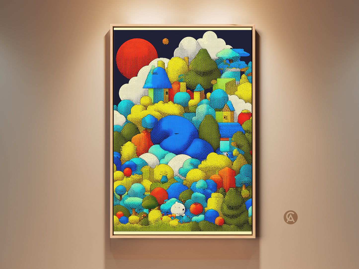Framed view of whimsical houses art print. Blue green and yellow tones create an abstract landscape. This nature canvas wall art adds an eclectic touch to any room. It makes a great gift for creatives who love unique art.