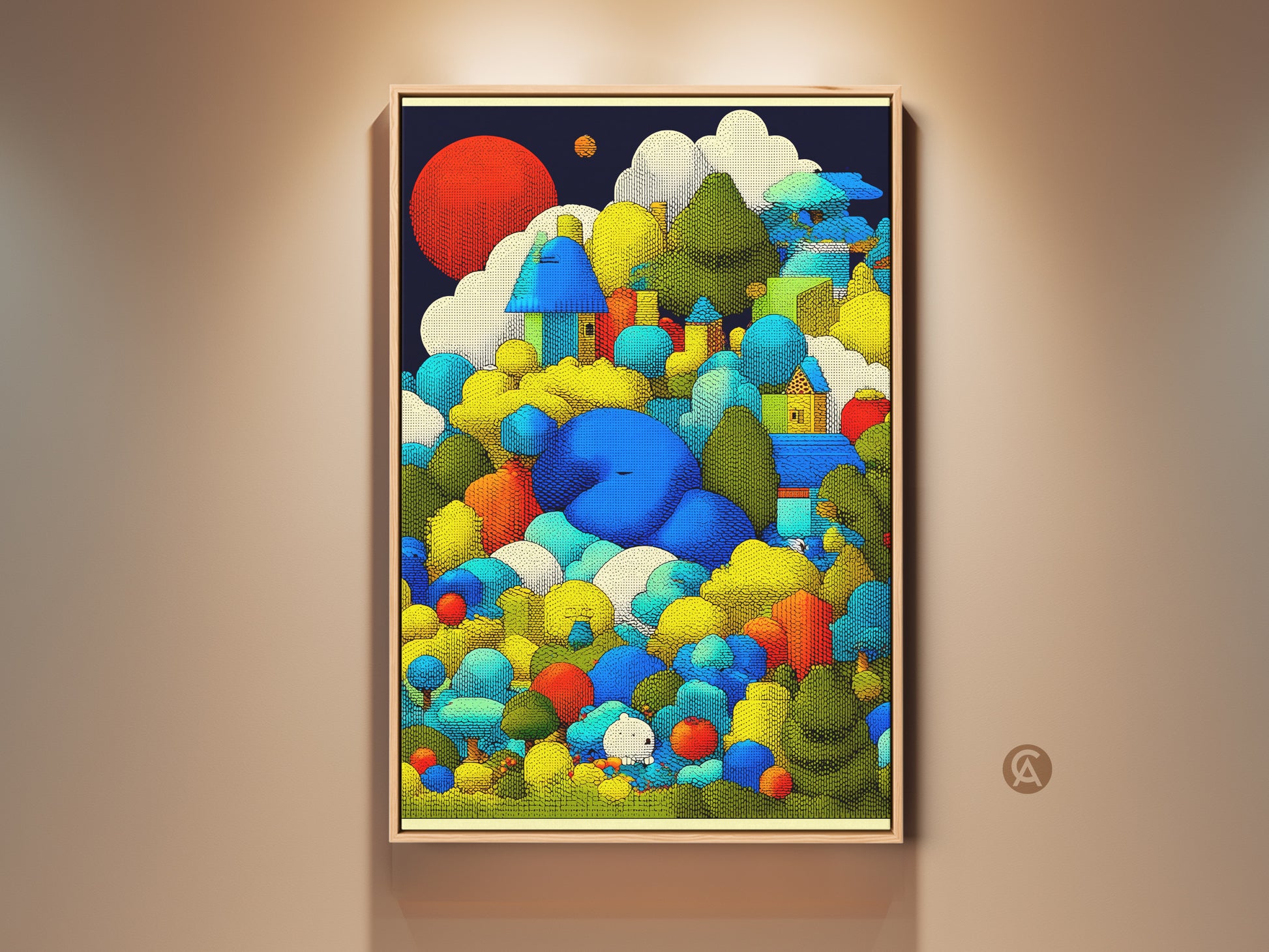 Framed view of whimsical houses art print. Blue green and yellow tones create an abstract landscape. This nature canvas wall art adds an eclectic touch to any room. It makes a great gift for creatives who love unique art.