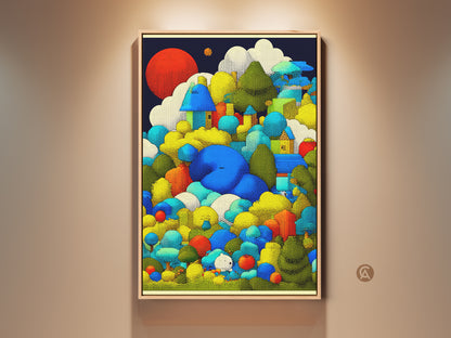 Framed view of whimsical houses art print. Blue green and yellow tones create an abstract landscape. This nature canvas wall art adds an eclectic touch to any room. It makes a great gift for creatives who love unique art.