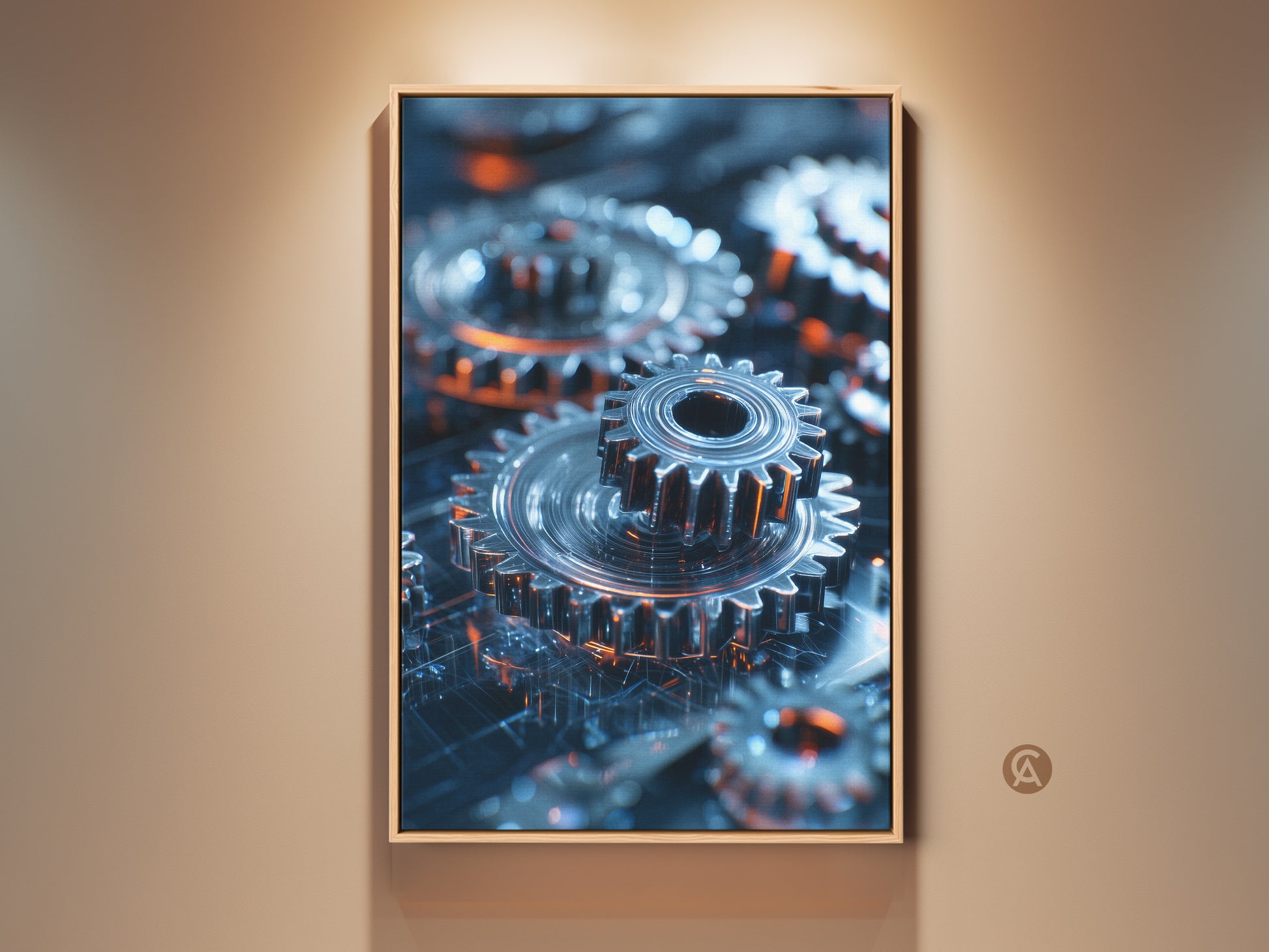 Elevate your space with this framed canvas art featuring abstract machinery. The industrial gears print showcases a futuristic tech aesthetic in metallic silver and orange. This piece adds a sophisticated mechanical touch perfect as engineer gift or unique office artwork.