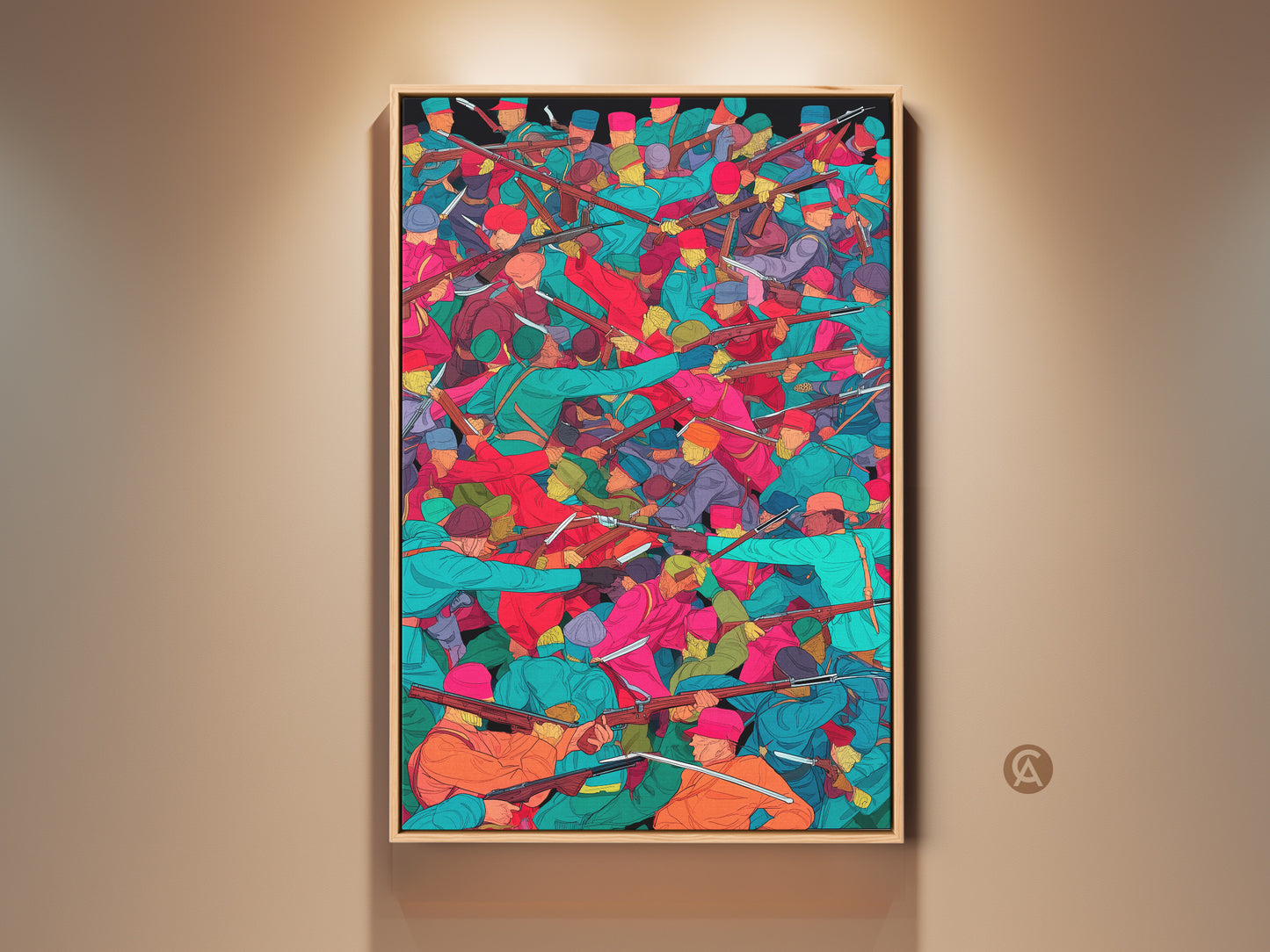 Historical battle scene artwork on canvas. Soldiers are depicted with muskets in teal orange and red hues. A bold illustration style brings an eclectic vibe to any space. Perfect as wall art for a study room or office. It makes a unique gift for history buffs and veterans.